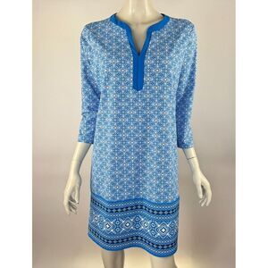Lands' End Nylon Tunic Dress Womens L NWOT 3/4 Sleeve Stretch‎ V-neck Shift Blue